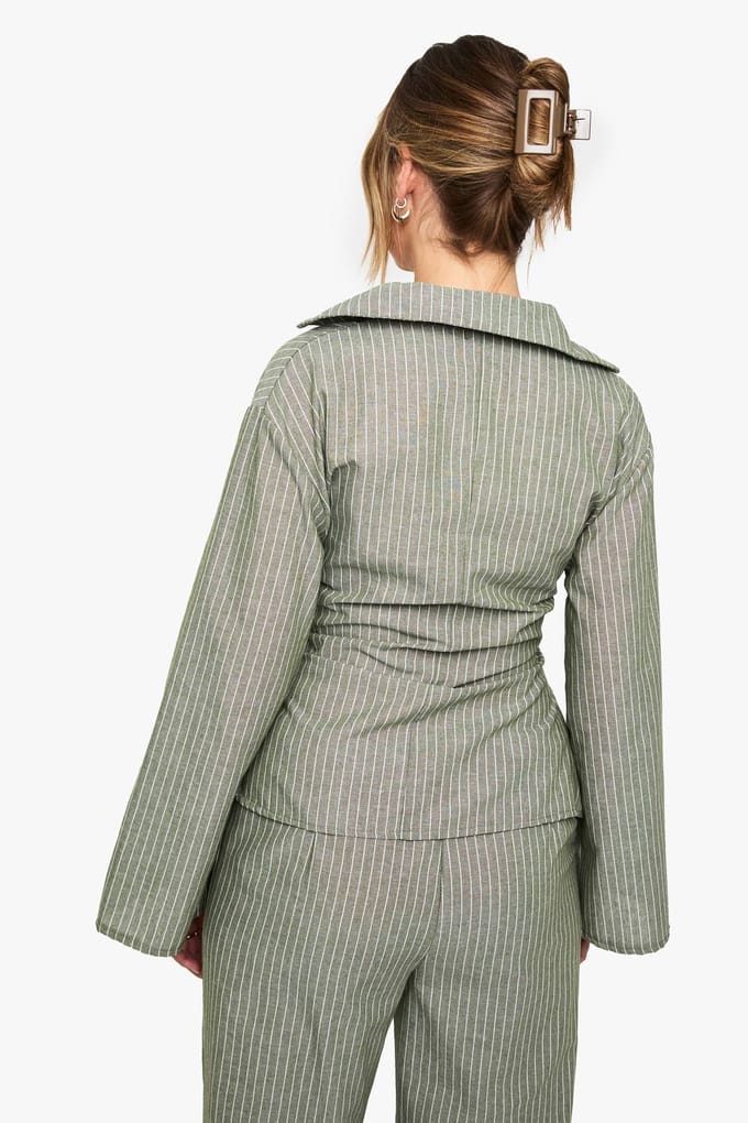 boohoo Dames Gestreepte wrap tie blouse | Olive | Maat: 6