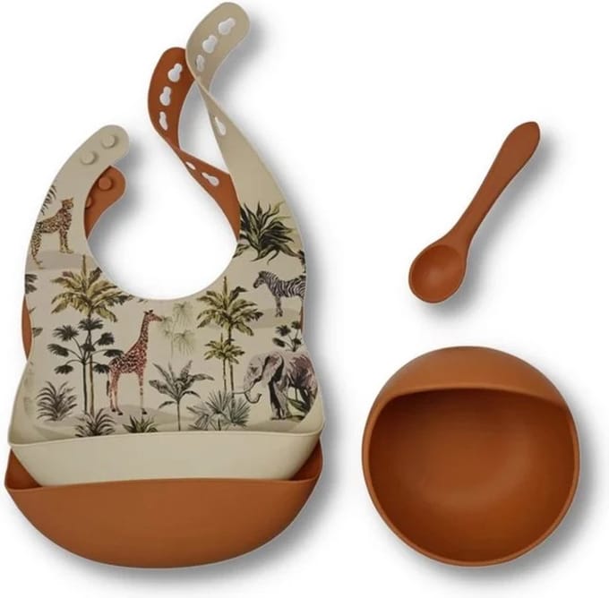 Set siliconen slabbetjes + kom met zuignap en lepel - Jungle - kleur roest