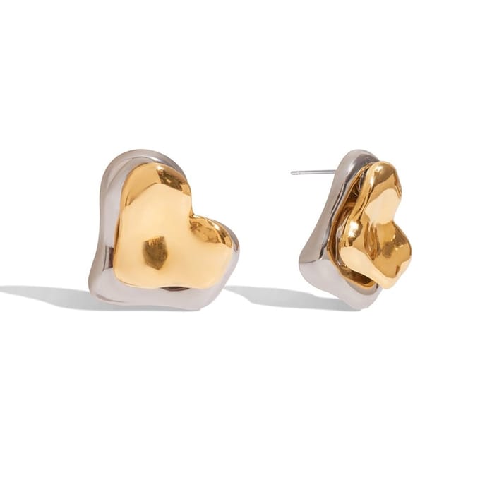 Bijoutheek Oorknoppen Dubbel Hart Voor Achter Bicolor Zilver