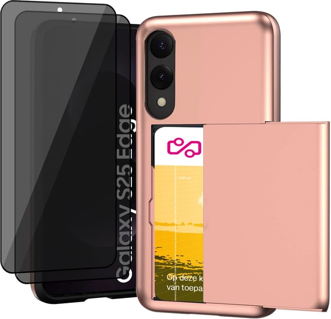 Hoesje met Pasjeshouder geschikt voor Samsung Galaxy S25 Edge - 2x Privacy Screen Protector FullGuard - Back Cover SlideCase Roségoud & Screenprotector