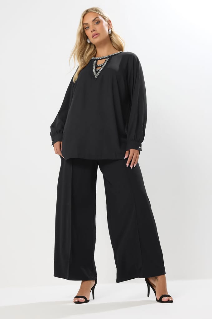 Yours Zwarte Diamante Sleutelgat Blouse Size 44