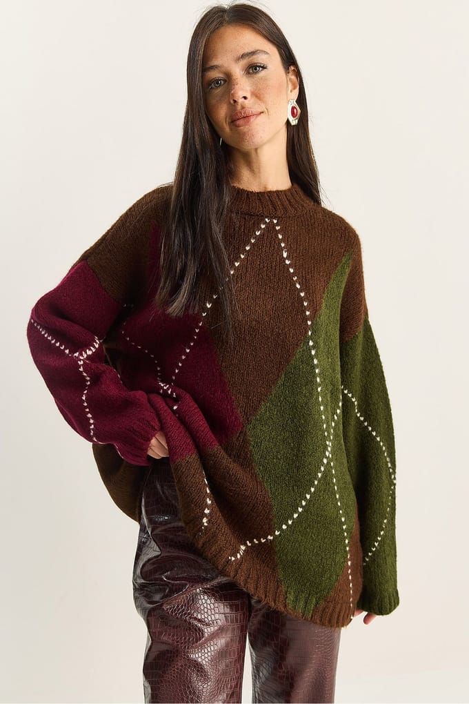 Oversized Gebreide Ruitpatroon Trui