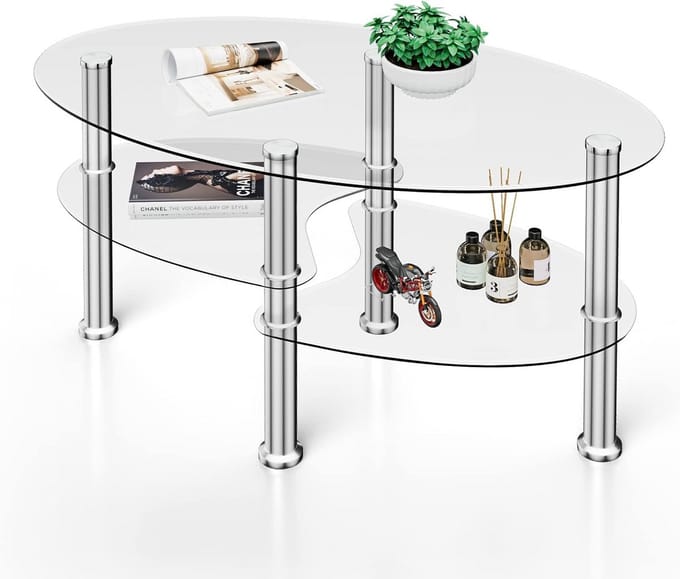 Ovale Salontafel met 3 Glazen Plateaus en Metalen Frame