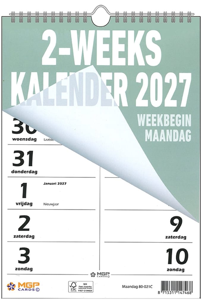 MGPcards - 2-Weeks kalender 2027 - 2 weken 1 pagina - Wire O - Weekbegin maandag - Groen - 21 x 30 cm