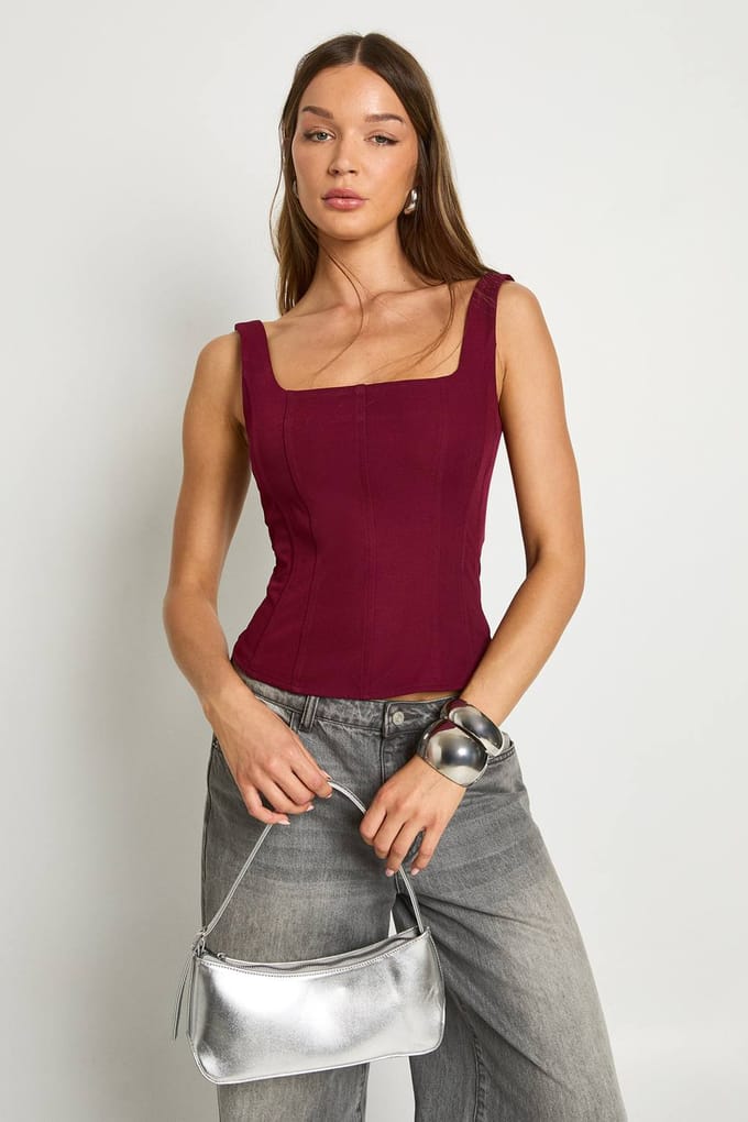 boohoo Dames Gestructureerde crepe corsettop | Bordeaux Rood | Maat: 40