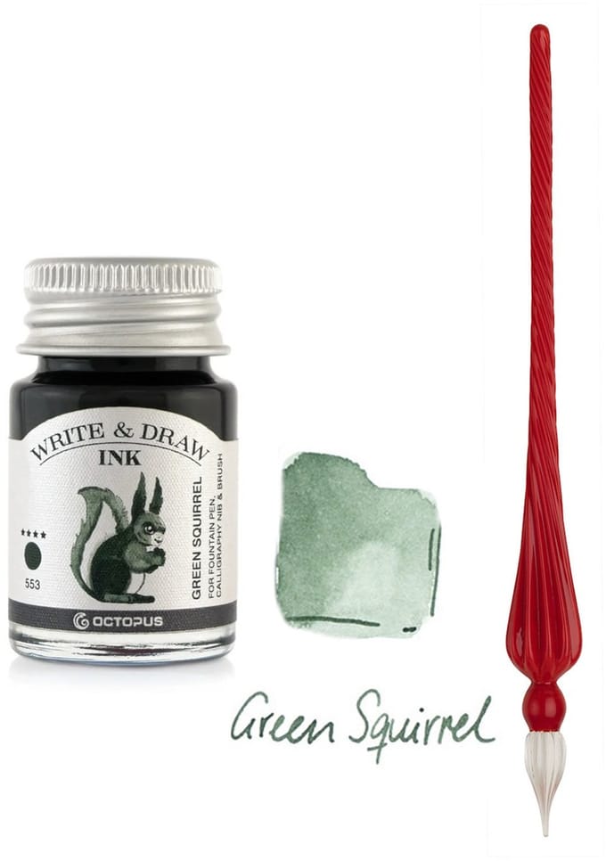 Glaspen - Glazen Dip Pen set in doosje - Rood - Potje - Octopus - Vulpen inkt - green squirrel