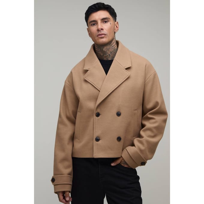 Lange Dubbelrij Geknopte Verkorte Melton Overjas | Camel | Size Medium