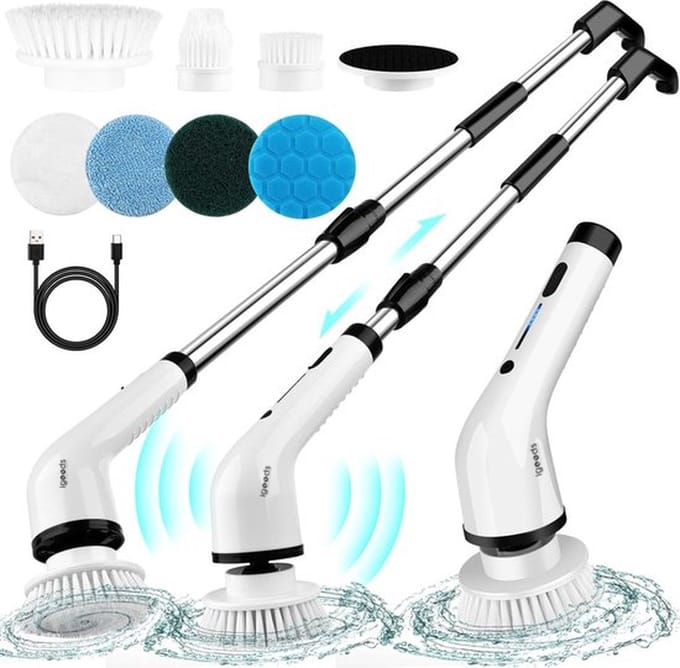 Igoods Poetsmachine - Schrobborstel - Polijstmachine - Polijstset - Schoonmaakborstel Elektrisch - Schrobber - 7 Borstels - 25W - Oplaadbaar - Wit
