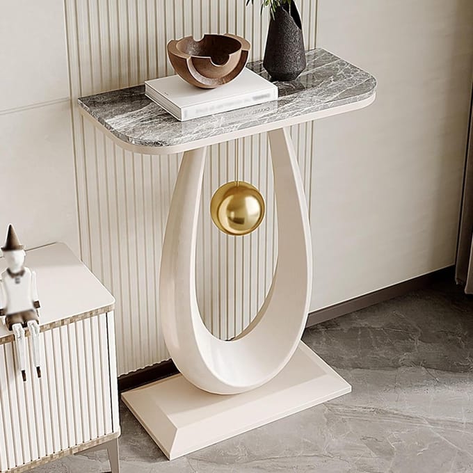 Haltafel - Smalle tafel - Decoratie presenteren - Marmerlook blad - 40 cm breed - Wit