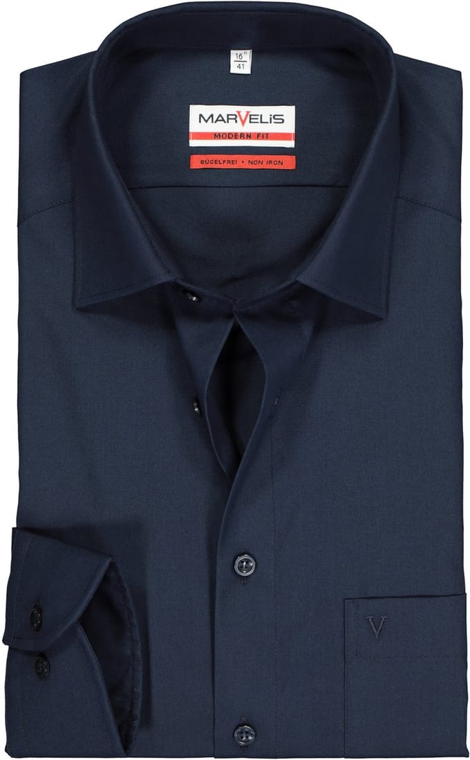 MARVELIS modern fit overhemd - donkerblauw - Strijkvrij - Boordmaat: 40