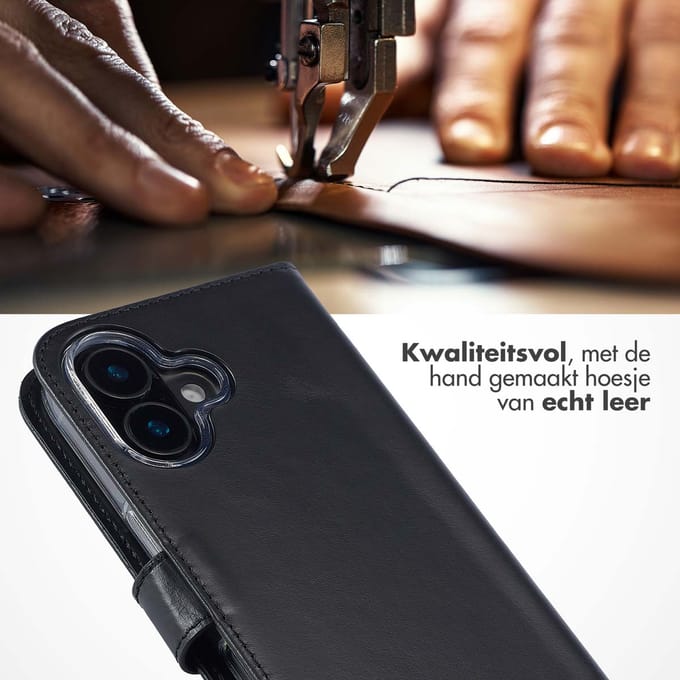 Selencia Hoesje - Geschikt voor Apple iPhone 16 - Echt Lederen Bookcase - Zwart
