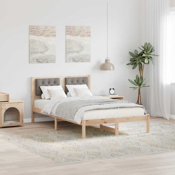 vidaXL - Bedframe - met - hoofdeinde - Taupe - 135 - x - 190 - cm - Massief - grenenhout