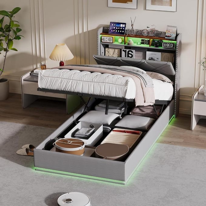 Gestoffeerd Bed - Eenpersoonsbed Bedframe - Slaapkamer Inrichten - Met LED Hoofdeinde - 90x200 cm - Grijs