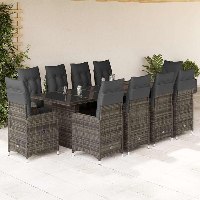 vidaXL - 11-delige - Bistroset - met - kussens - poly - rattan - grijs