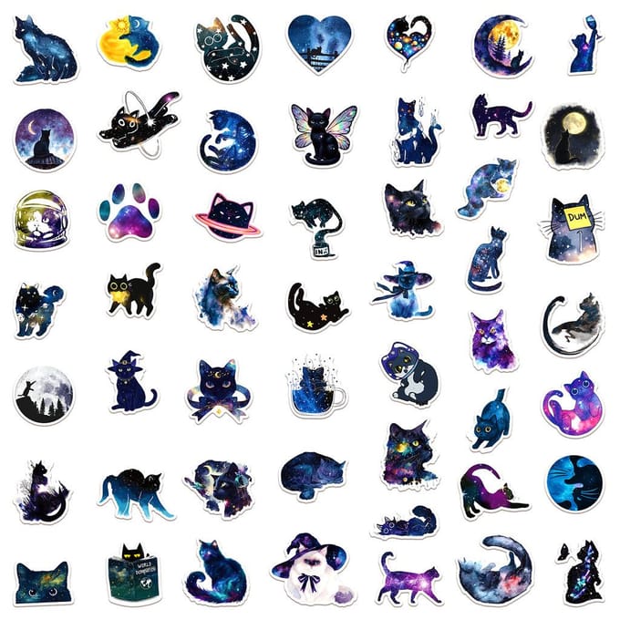 50 STUKS Cartoon Sterrenhemel Kat Graffiti Stickers - Schattig Kattenontwerp Waterdichte Decoratie voor Notitieboekje & Waterbeker RecordingYourLife Store blue