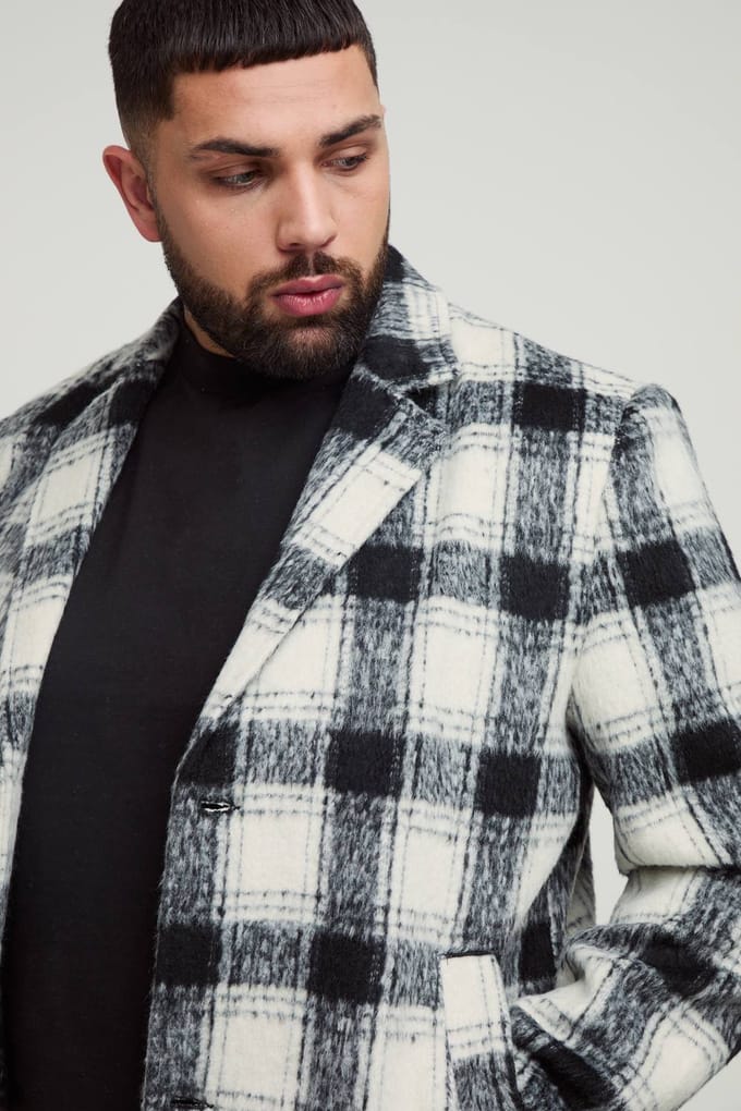 Plus Boxy Oversized Geborstelde Geruite Overjas | Black | Size 2XL