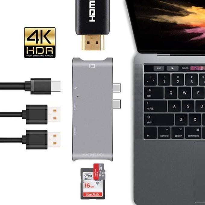 DrPhone - 6 in 1 - Aluminium Thunderbolt 3 - USB-C Adapter Hub - 4K HDMI - Type C Hub SD/Micro SD - Lezer