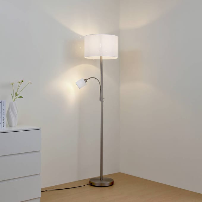 Lindby vloerlamp Jaileen, wit, textiel, 170 cm, leeslampje