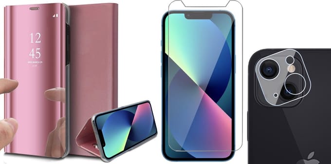 Hoesje geschikt voor iPhone 13 Mini - Spiegel Book Case - Roze - Met Screenprotector en Camera Screen Protector