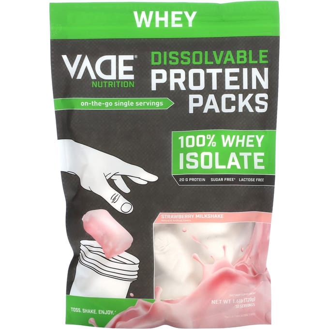 Vade Nutrition, Oplosbaar Eiwit Pakket, 100% Whey Isolaat, Aardbeien Milkshake, 1,6 lb (720 gr)