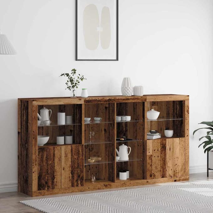 vidaXL - LED - Dressoir - 3 - st - Oudhout - 202 - x - 37 - x - 100 - cm - Bewerkt - hout