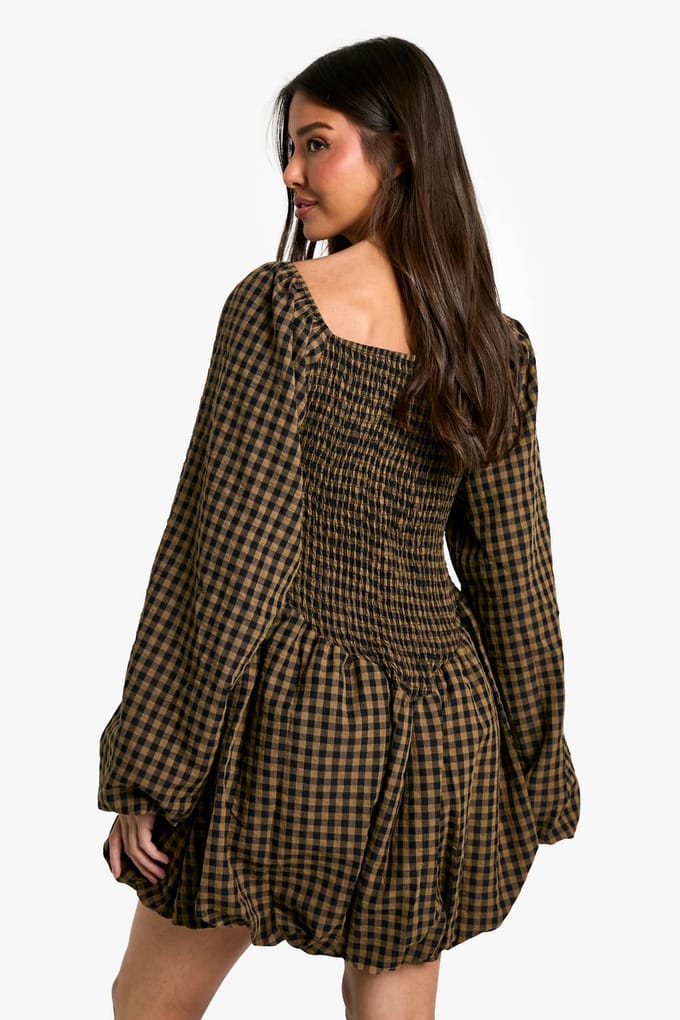 boohoo Dames Check Shirred Long Sleeve Puff Sleeve Mini Dress | Bruin | Maat: 40
