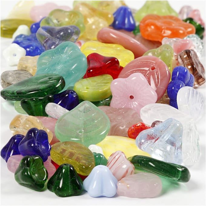 CC Glass beads, leaves, flowers, dia. 6-17 mm, hole size 0,5-1,5 mm, assorted colours, 60 g/ 1 pack
