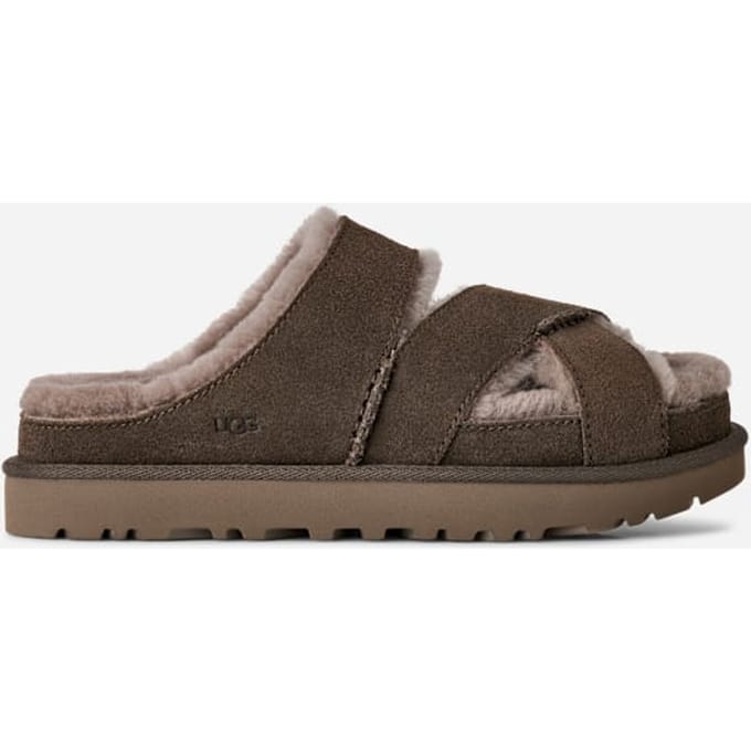 UGG® Greenport Cross Strap Slide in Dense Smoke, Suede/Polyester