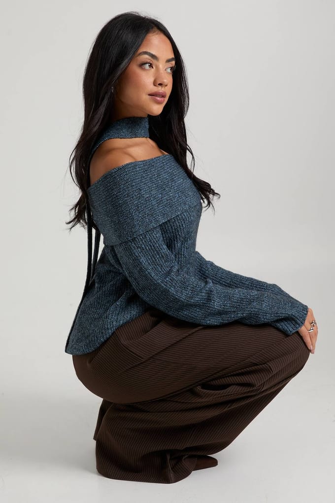 boohoo Dames Marl gebreide oversized Bardot trui en nekstrop | Blue | Maat: Large