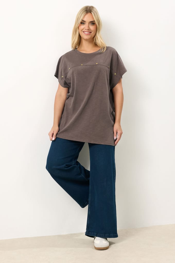 Yours Chocoladebruin Tshirt Met Studs En Aangegroeide Mouwen Size 50-52