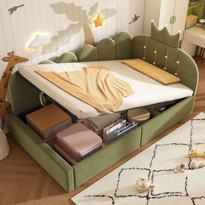 Sweiko Kinderbed - 90 x 200 cm - Opbergruimte - Velvet - Kroonvorm - Groen