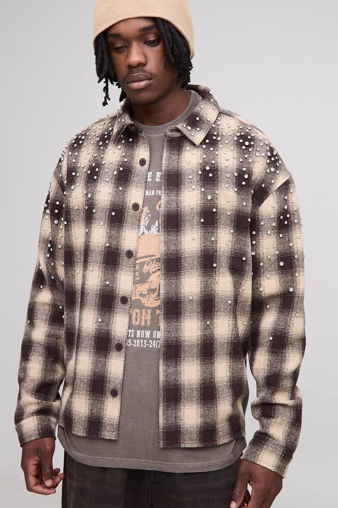 Tall Oversized Rhinestone Embellished Heavyweight Check Overshirt | Chocolate | Size Large