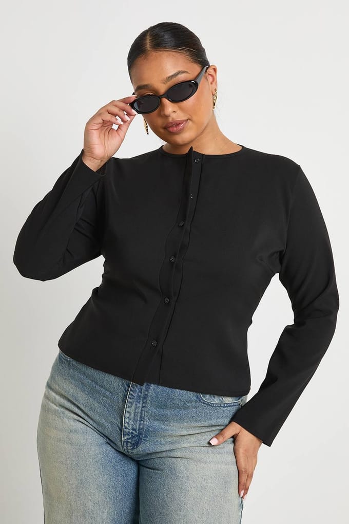 boohoo Dames Plus Geweven Lange Mouwen Button Down Top | Zwart | Maat: 44