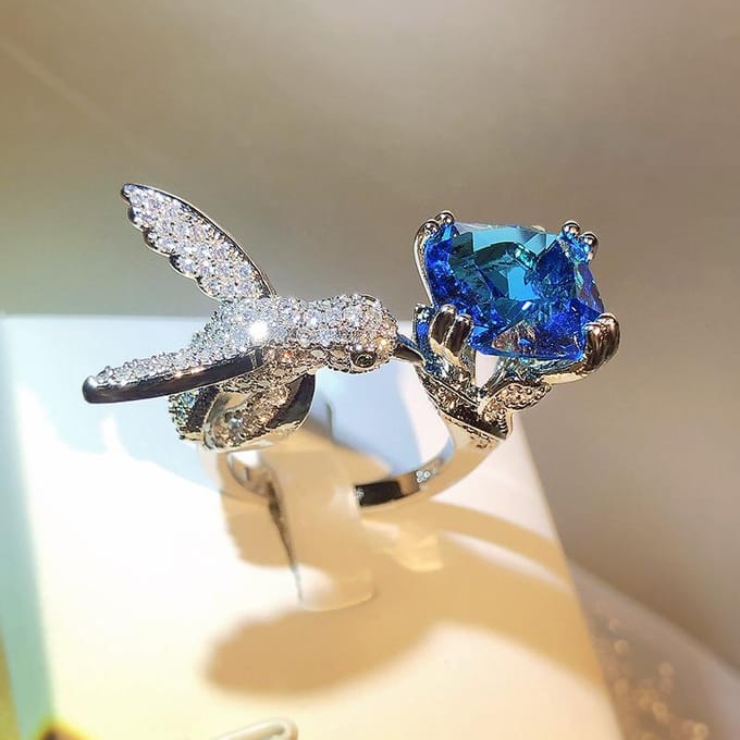 Ensemble Colibris Tendance et Créatif avec Bague Design de Luxe Léger Zircon Adjustable opening gray