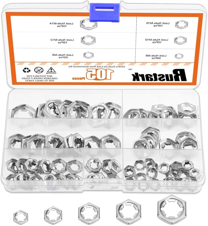 Complete Set van 105 Stuks Retaining Rings en Moeren M6 M8 M10 M12 M14 van RVS voor Machineonderdelen en Assemblage