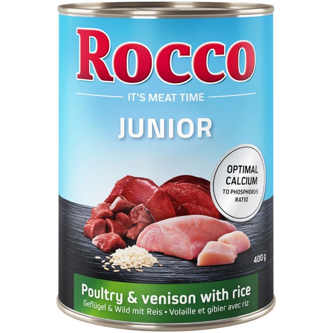 24x400g Junior Gevogelte, Wild, Rijst en Calcium Rocco Hondenvoer