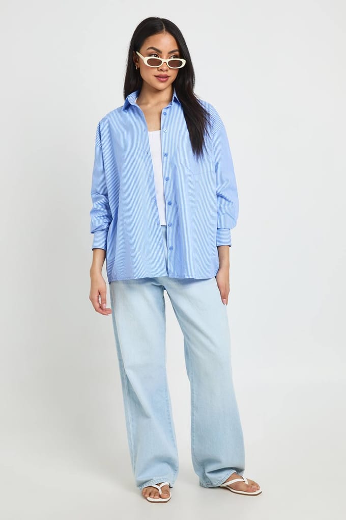 boohoo Dames Gestreept Poplin Oversized Overhemd | Blauw | Maat: 34