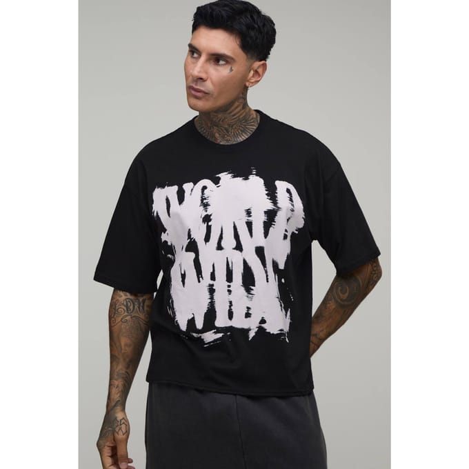 Lang Zwart Oversized Boxy T-shirt Met Graffiti Print | Black | Size Medium