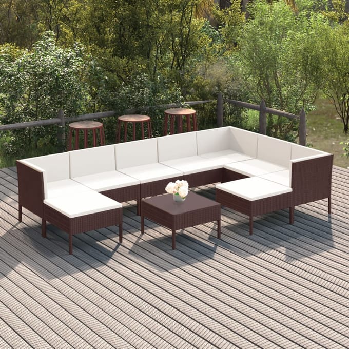 vidaXL - 10-delige - Loungeset - met - kussens - poly - rattan - bruin