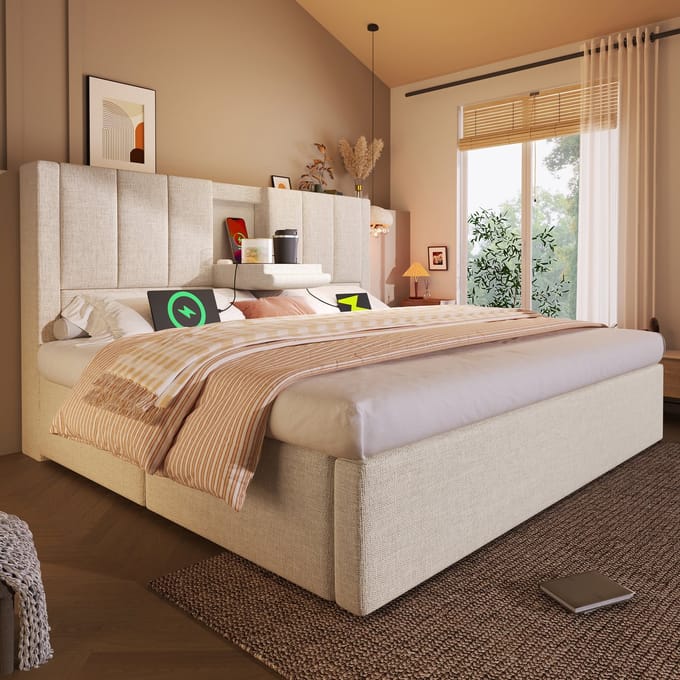 MODFU Bedframe 160x200 cm – Met opklapbare hoofdsteun, 3x USB, 1x Type-C en hydraulische opbergruimte – Beige linnen