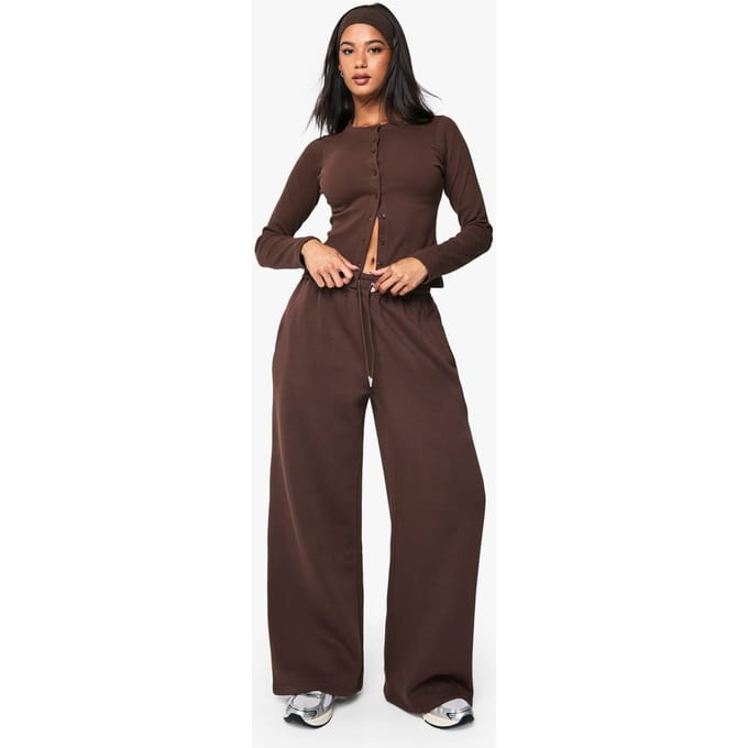 boohoo Dames Geribbelde knop door lange mouw trainingspak | Chocoladebruin | Maat: Medium