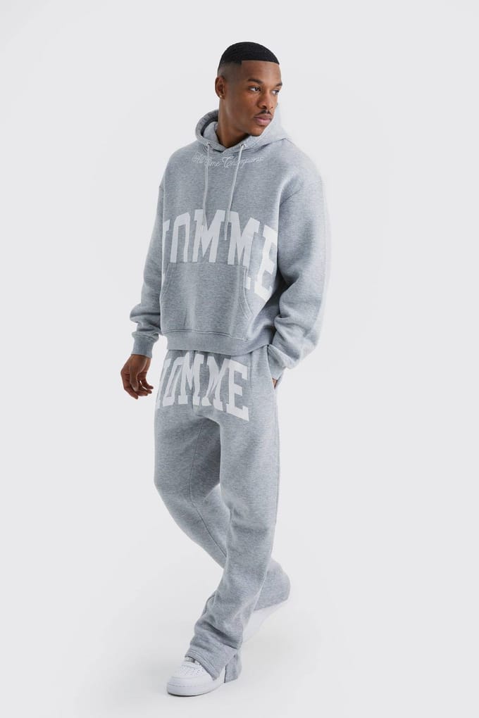Oversized Boxy Split Hem Homme Trainingspak | Grey Marl | Size Large