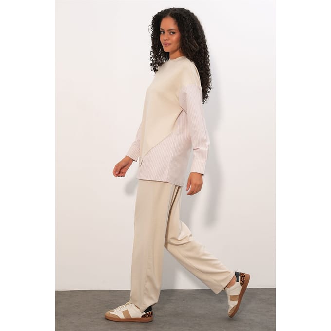 Gestreepte Lange Crew Neck Twee-Delige Coördineer Set
