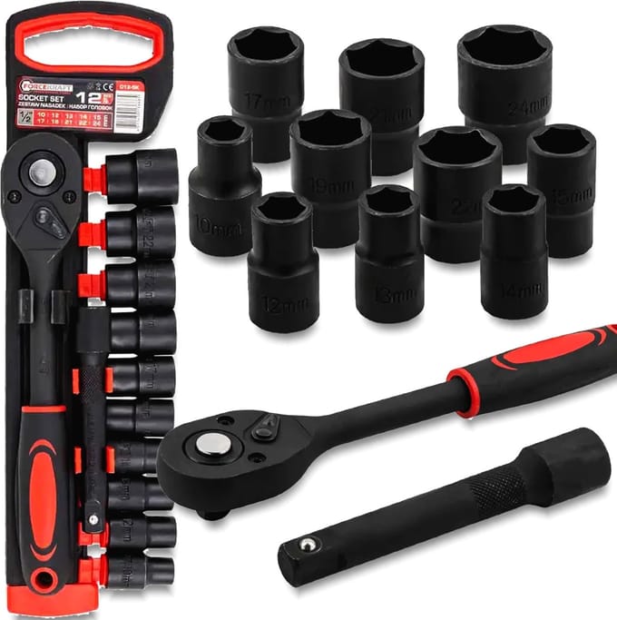 Forcekraft - Gereedschapsset - 12 Elementen - 1/2" Nasadki - Ergonomisch Handvat