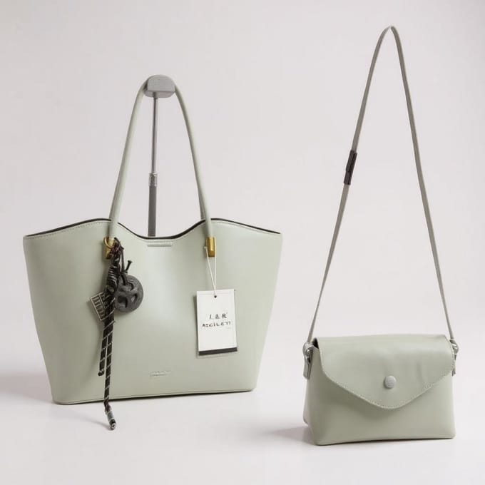 TK-S set Schoudertas-shopper + clutch-handtas met schouderriem, lichtgroen