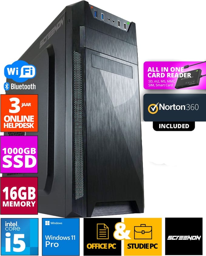 Intel Office PC - Intel Core i5 - 1TB NVMe SSD - 16GB RAM - RTX 3050 - Inclusief Norton 360 & USB SD Card Reader + WiFi & Bluetooth