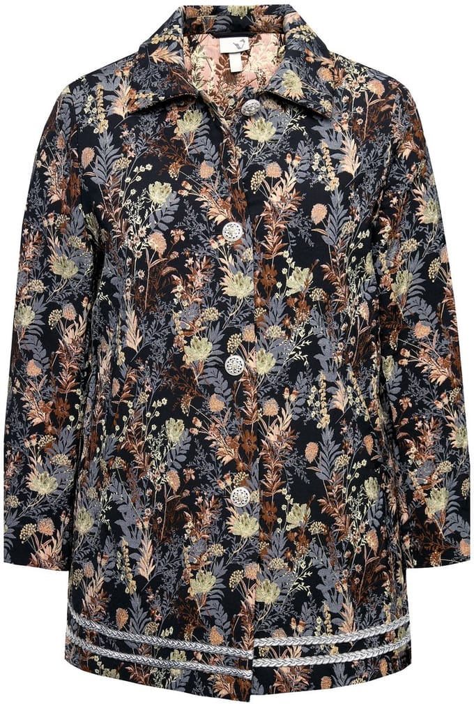Ulla Popken - Dames - Jas jacquard patroon overhemdkraag sieradenknopen - Zwart - Maat 42+