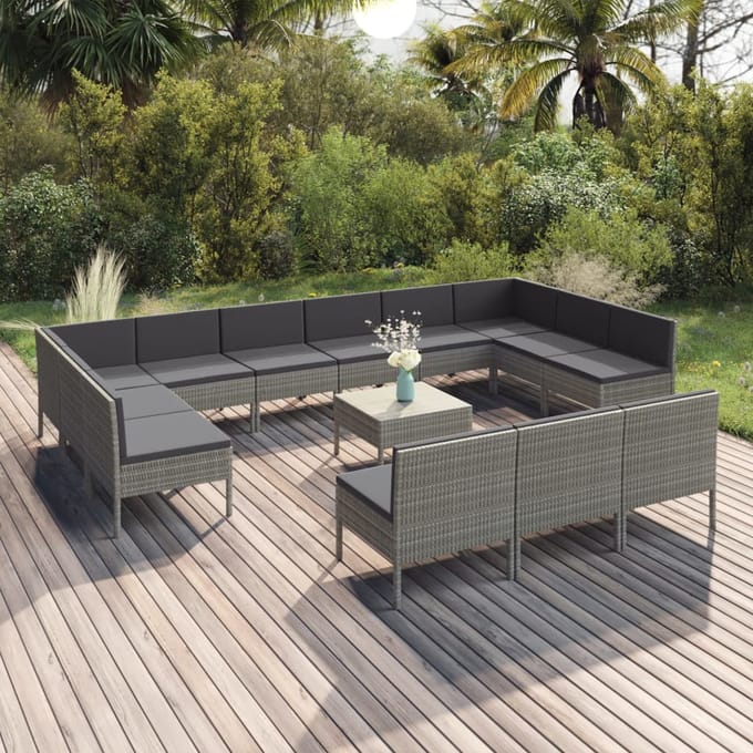 vidaXL - 14-delige - Loungeset - met - kussens - poly - rattan - grijs