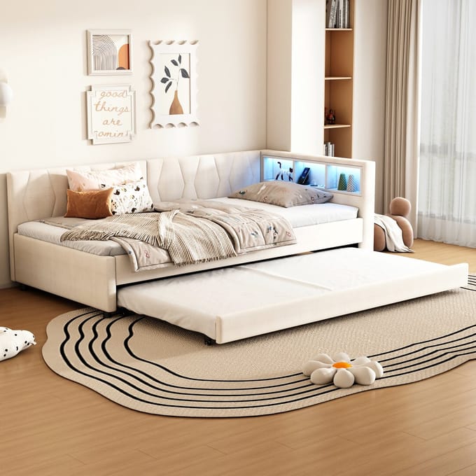 REDOM uitschuifbaar daybed 90x200 cm – LED, USB/Type-C – Linnen + MDF – Beige