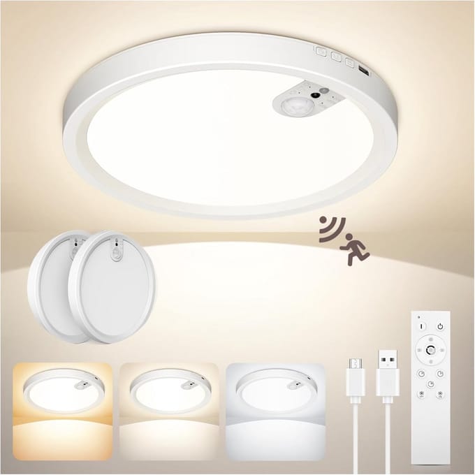 Draadloze LED Plafondlamp met Bewegingsmelder - Dimbaar & Oplaadbaar - 3 Kleurtemperaturen - 2 Stuks